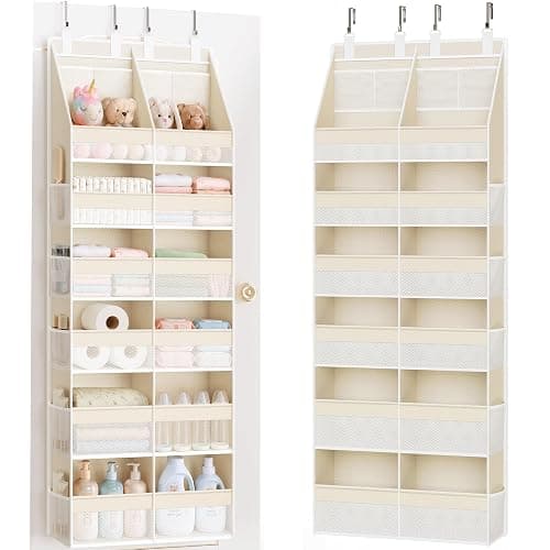 Criusia Over the Door Organizer, Extra Large 12 Compartments Closet Hanging Storage with 14 Mesh Pockets, 85lbs Capacity Behind the Door Storage for Baby Nursery, Bathroom, Bedroom, and Dorm, Beige - Image 1