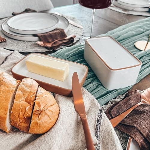 Mora Ceramic Two-in-One Butter Dish with Lid, Covered Butter Crock Container to Leave on Countertop - Large Storage Keeper/Holder for Kitchen, Gifts for Her, Butter Tray For Counter - Vanilla White thumbnail 2