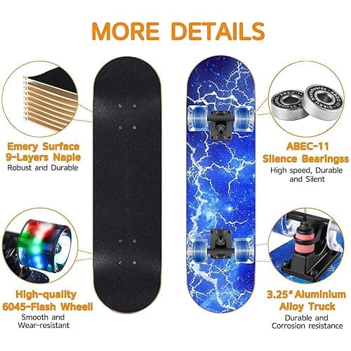 GIEEU Skateboards with Colorful Flashing Wheels for Beginners,Kids,Teens,Adults, Complete Standard Skate Boards 9 Layer Canadian Maple Deck Concave Skateboard thumbnail 4