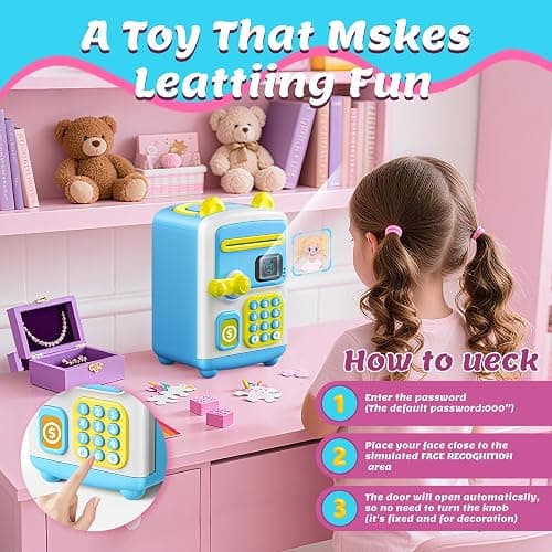 【Upgraded】 Piggy Bank, Face ID Password Unlocking Electronic Kids Bank ATM Security Unlocking Cash Coin Bank Toys Gifts for Kids, Coin Bank for 3 4 5 6 7 8 9 10 11 12 Year Old Boys Girls Blue thumbnail 5