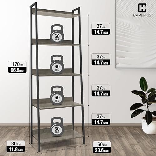 CAPHAUS 5 Tier Ladder Bookshelf, 24 Inch Width Free Standing Shelf, Bookcase Shelf Storage Rack Organizer, Industrial Book Shelves for Home Office, Living Room, Kitchen, Dark Grey, Vintage Shelves thumbnail 3