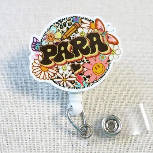 PARA Badge Reel, Retro Teaching Assistant Badge Holder, Paraprofessional Gift, Retractable Smiley Floral Badge Reel for Teachers and Classroom Staff, PARA Appreciation Gift thumbnail 2
