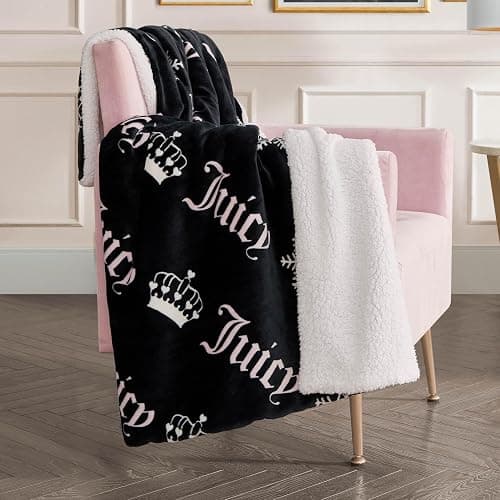 Juicy Couture Plush Reversible Sherpa 50"x60" Throw Blanket, Black Diagonal thumbnail 3