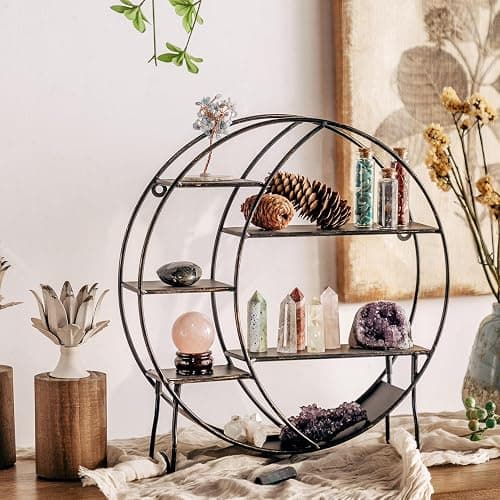 Apresolar Moon Shelf for Crystals - Circle Shelf Wall Decor for Wall and Countertop - Crystal Shelf Display for Stones, Essential Oil, Pendulum - Boho Hanging Moon Shelves (Retro Black) thumbnail 7