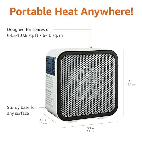 Amazon Basics Portable Mini Ceramic Space Heater, for Office Desk and Indoor Use, 500 W, With Tip-Over Protection, Lightweight (1.4 LBS), White, 5.9 x 3.2 x 6 inches thumbnail 3