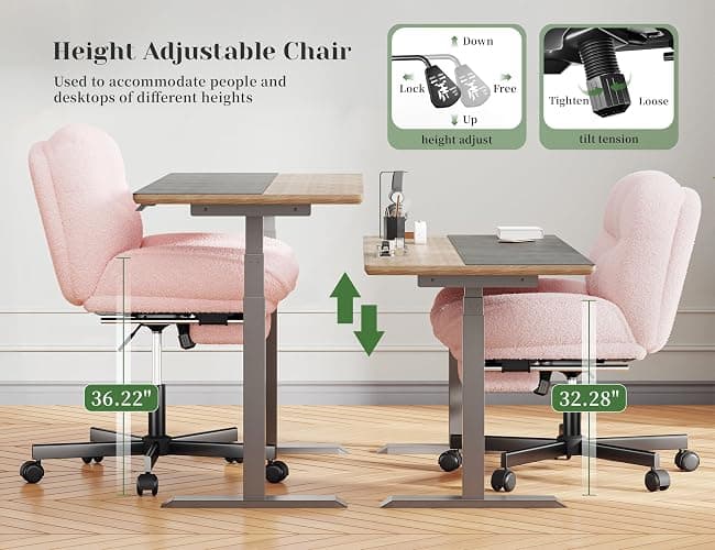 DurayLoly Cross Legged Office Chair with Foot Rest, 6.3" Thick Cushioned Criss Cross Chair with Wheels, Height Adjustable Swivel Vanity Chair for All-Day Comfort (Pink) thumbnail 6