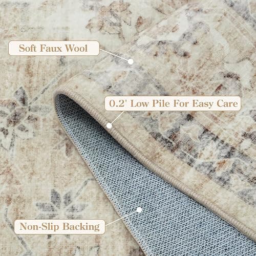 LIVEBOX Bedroom 4x6 Washable Area Rug for Entryway Kitchen, Non-Slip Soft Boho Rugs for Dining Room Office, Farmhouse Low-Pile Neutral Soft Carpet for Nursery Room Playroom, Tan thumbnail 5