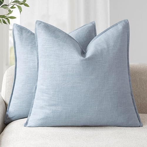 Foindtower Linen Solid Decorative Throw Pillow Covers 20x20 Inch Sky Blue | Pack of 2 Boho Farmhouse Pillowcase,Accent Neutral Cushion Covers,Morden Home Decor for Chair Couch Sofa Bedroom Living Room - Image 1