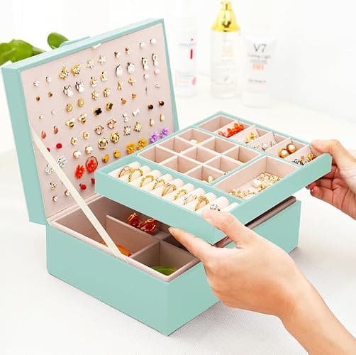 QBestry Girls Jewelry Box for Earrings Jewelry Organizer Box Teen Girls Earrings Organizer Jewelry Box Earring Holder Organizer Stud Earring Box for Girls Womens Jewelry Case Organizer Teal thumbnail 6
