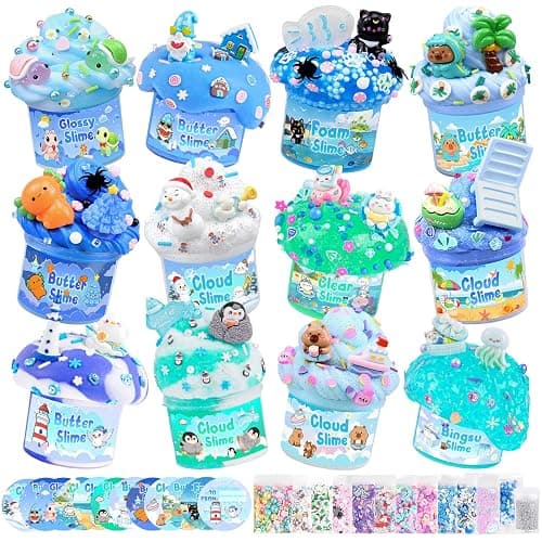 12-Pack Blue Slime Kit for Kids, Clear Butter Cloud Squishy Party Favor Set | Goodie bag stuffers, Easter basket fillers, birthday party favors and sensory slime toys for boys and girls ages 4-10 - Image 1