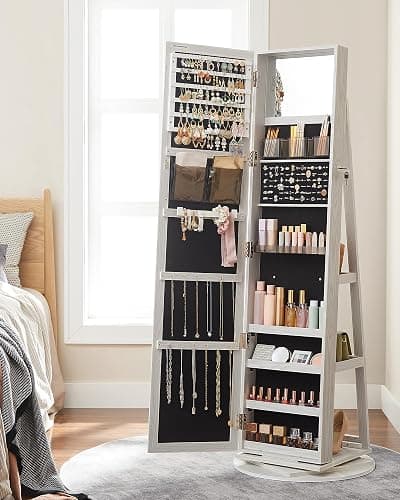 SONGMICS 360° Swivel Jewelry Cabinet, Lockable Jewelry Organizer with Full-Length Mirror, Rear Storage Shelves, Interior Mirror, Jewelry Armoire, Christmas Gifts, White with Gray Wood Grain UJJC006W01 thumbnail 8