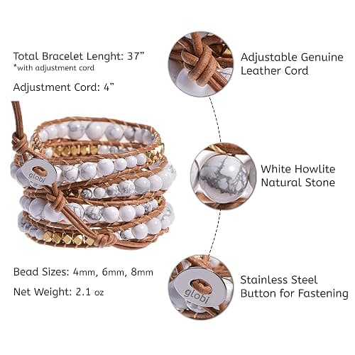 globi Natural Stone Wrap Bracelet For Women/Men | Adjustable Multilayer Genuine Leather Boho Handmade Beaded Bracelet thumbnail 2