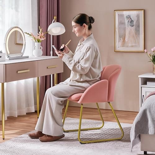 Yaheetech Flower Shape Velvet Vanity Chair, Modern Side Armchair Makeup Chair no Wheels with Golden Metal Legs for Living Room/Dressing Room/Bedroom/Home Office/Kitchen, Pink thumbnail 4