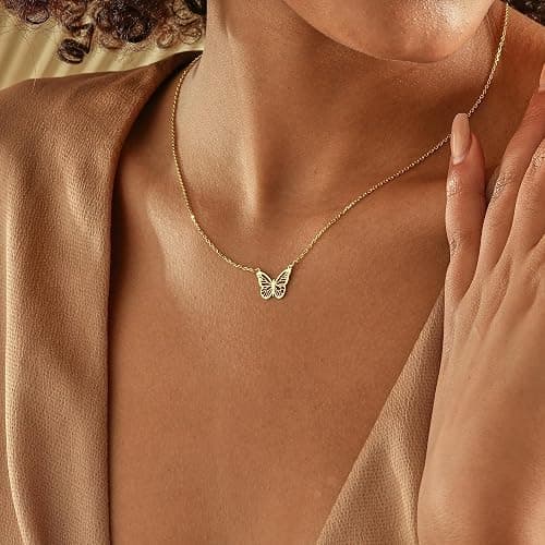 GUOKE 14K Gold Plated Dainty Pendant Butterfly Bead Boot Bee Baseball Flower Compass Airplane Hummingbird Tree Necklace Simple Jewelry Gift for Women thumbnail 3