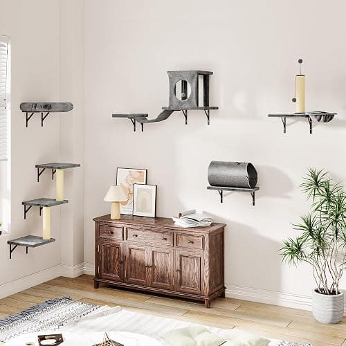 NUNU LAB Wall Mounted Cat Wall Shelves, 14-in-1 Cat Wall Climber with Bridge, Tunnel, House, Scratcher, Steps, Indoor Space-Saving Furniture for Kittens Play, Gray thumbnail 6