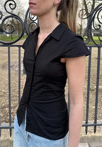 Women Y2k Short Sleeve Button Down Shirts Casual V Neck Button Up Top Vintage Slim Fit Collared Going Out Blouse thumbnail 3
