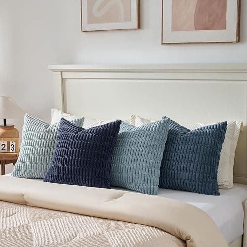 Fancy Homi Set of 4 Blue Decorative Throw Pillow Covers 18x18 Inch for Couch Bed Chair, Modern Farmhouse Boho Room Decor, Soft Fuzzy Corduroy Textured Striped Coastal Blue Cushion Case 45cm thumbnail 5