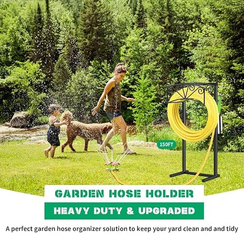 TomCare Garden Hose Holder Upgraded Heavy Duty Metal Water Hose Holder Holds 160 FT Hoses Sturdy Hose Reel with 2 Tool Hooks Freestanding Outdoor Hoses Storage Hanger for Outside Yard Lawn, Black thumbnail 7