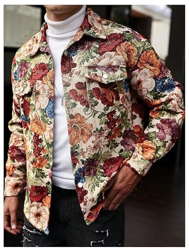 BEAUDRM Men's 2025 Vintage Floral Jackets Going Out Shacket Jacquard Collared Neck Button Down Jackets Fall Outerwear thumbnail 5