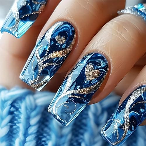 24Pcs Gold Curve Line Press on Nails Sea Acrylic Fake Nail Glossy Blue Gradient Medium Square False Nails Love Heart Stick on Fingernails Seaweed Gel Glue on Nail for Coquette Women Girls