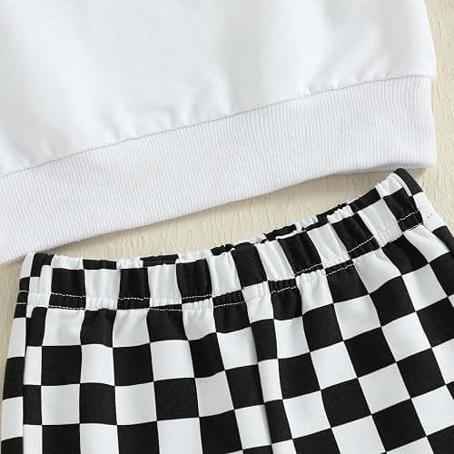DSOKUHIB Toddler Baby Girl Race Car Outfit Letters Long Sleeve Sweatshirt Checkered Bell Bottom Pants Set Fall Winter Clothes thumbnail 7
