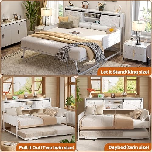 Homieasy Daybed with Trundle, Farmhouse Twin Day Bed with Bookcase Headboard and Charging Station, Heavy Duty Metal Sofa Bed Frame with Pop-up Trundle Bed for Living Room, Bedroom, White thumbnail 7
