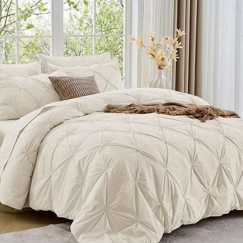 Sasttie Oversized Queen Comforter Set, 7-Piece Bed in a Bag, Pintuck Bedding Sets for All Season, Includes Comforter, Flat Sheet, Fitted Sheet, Pillowcases and Pillowshams, Beige - Image 1
