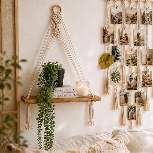EASLIV Boho Wall Decor Set of 6, Aesthetic Room Shelf Wall Decor Indoor | 2 Pack Hanging Shelves + Hanging Photo Display with 10 Clips + 1Pcs Fake Hanging Eucalyptus + 2Pcs Fake Succulents Plants thumbnail 4