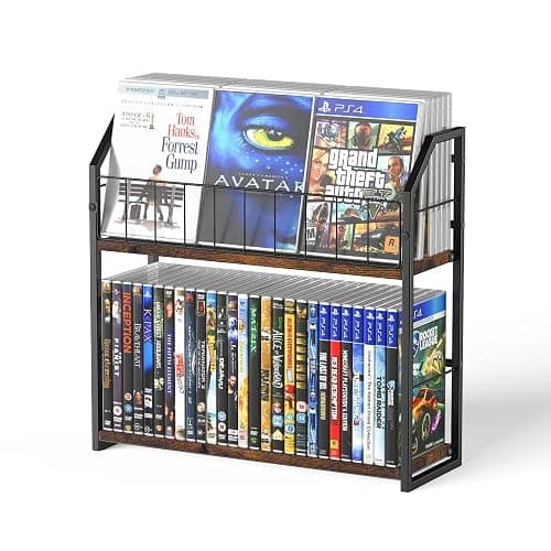 TJ.MOREE 2 Tier 56 Capacity DVD Rack/Storage/Holder and Vinyl Record Storage, Industrial Retro Carbon Steel/Wood, Space Saving Desktop Organizer - Image 1