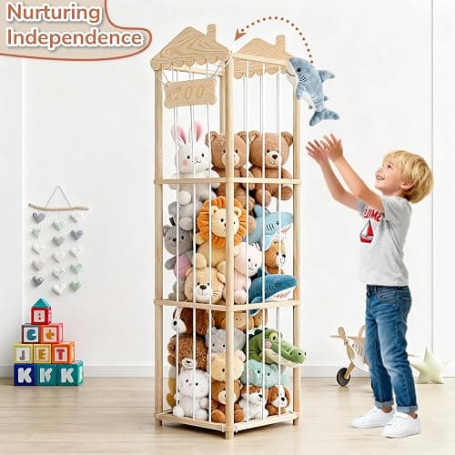 AMBIRD Stuffed Animal Storage, Wood Stuffed Animal Zoo Holder, Large Kids Toy Organizers, Plushies Storage for Boys Girls Bedroom, Playroom, Nursery (15.75 x 15.75 x 55 inch) thumbnail 6