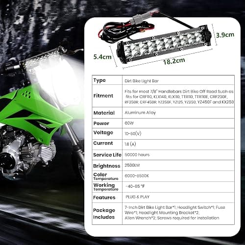 Dirt Bike Light Bar Universal for Most 7/8" Handlebar Motorcycle, Fits for CRF110 KLX110 TTR110 YZF450 RM85, 7-Inch 60W 6000-6500K Clear Headlight, Plug and Play thumbnail 7