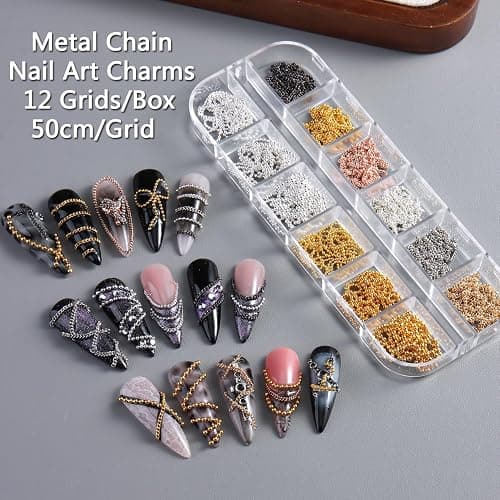 12 Strips Metal Chain 3D Nail Art Charms, Punk Alloy Nail Rivets Jewelry | Gold Silver Dark Gray Nail Chains, Gothic Manicure Accessories for Women, DIY Crafts Decorations thumbnail 2