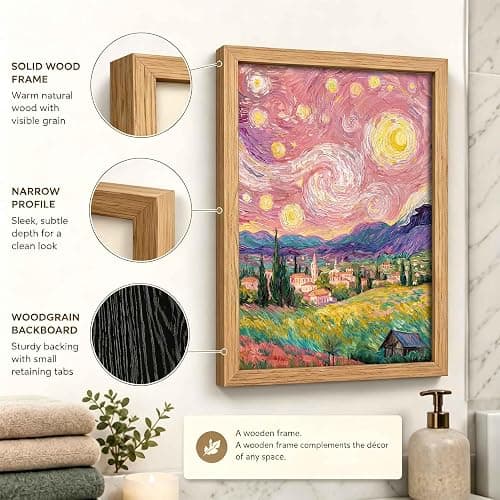 Framed Impressionist Pink Starry Sky Rural landscape Canvas Wall Art | Vibrant Colors Landscape Decor Picture Romantic Countryside Mountain Field Poster Prints for Art Lover Room Home Decoration thumbnail 2