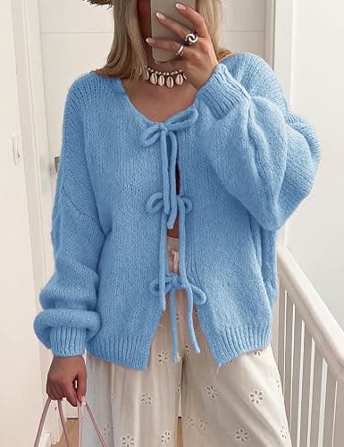 Lumister Cute Oversized Cardigan Sweaters for Women Y2K Long Sleeve V Neck Bow Tie Front Cadigan Knitwears Bow Tops thumbnail 5