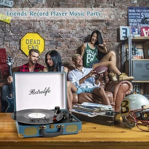 Retrolife® Record Player 3-Speed Bluetooth Portable Turntable-Coral Blue | Belt-Driven with Built-in Speakers, Wireless Bluetooth Input, RCA Out AUX In Headphone Jack, Auto-Stop, Gift for Music Lovers thumbnail 6