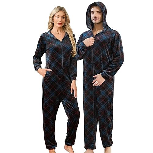 U2SKIIN Matching Pajamas for Couples Onesie, Ultra Soft Plaid Hooded Pjs Set Christmas Zipper for Men and Women Warm Jumpsuit - Women - Small - Blue Green Plaid