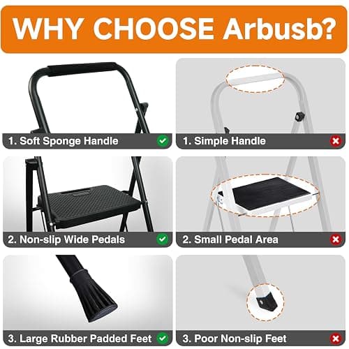 3 Step Ladder, Portable Steel Folding Stool with Wide Anti-Slip Pedal, 500lbs Sturdy Steel Ladder, Black thumbnail 7