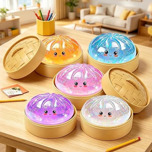 Glitter Dumpling Squishy Toy, Stretchable Squishies Dumpling Squeeze Stress Balls with Food Steaming Box, Fidget Squishy Squeeze Toys for Holiday & Birthday Gifts (White) thumbnail 2