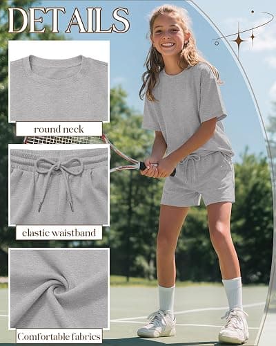 Mumucove Girls' 2 Piece Outfits 5-14 Years Loose Sets Kids Short Sleeve Drop Shoulder T-shirt Drawstring Shorts with Pockets thumbnail 5
