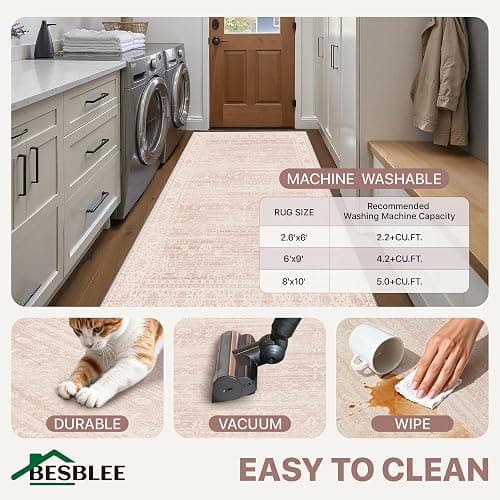 BESBLEE 5x7 Area Rugs for Living Room, Machine Washable Rug, Non Slip Vintage Rugs, Low Pile Lightweight Print Rug for Bedroom, Dining Room, Home Office, Pink thumbnail 5