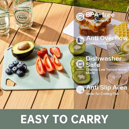 THETCHRY Plastic Cutting Board Set of 3-Cutting Boards for Kitchen BPA Free | Large-Small Chopping Boards, Non-Slip for Cooking, Dishwasher Safe, Camping, Portable, with Grip Handle, Sage Green thumbnail 3