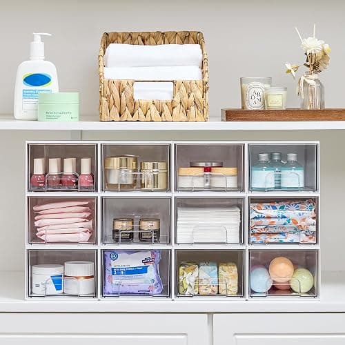 Vtopmart 4Pack Small Stackable Storage Drawers, Bathroom Makeup Organizer,Plastic Storage Bins For Vanity, Undersink, Kitchen Cabinets, Pantry, Home Organization(White) thumbnail 2