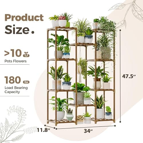 Bamworld Plant Stand Indoor Outdoor Tall Plant Shelf for Multiple Plants Pots Wood Flower Stand Large Flower Holder for Living Room, Patio, Balcony, Garden Decor, Brown thumbnail 2