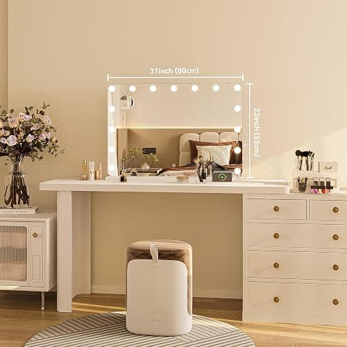 Hasipu 31"x22" Vanity Mirror with Lights, Makeup Mirror with Lights and Magnification, Hollywood Mirror with 3 Color Modes, LED Make up Mirror, Light up Mirror with USB & Type-C Charging thumbnail 2