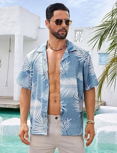 BOJIN Men's Hawaiian Shirts Short Sleeve Button Down Casual Shirts Summer Printed Tropical Floral Aloha Beach Shirts thumbnail 2
