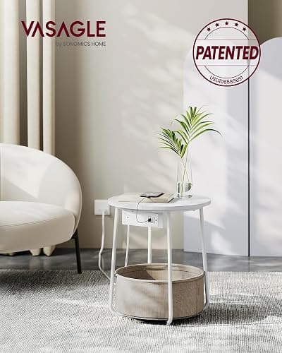 VASAGLE LILEA Collection - Side Table with Charging Station, Round End Table with Fabric Basket, Nightstand with USB Ports, for Living Room, Bedroom, Modern, Matte White and Camel Brown ULET228W01 thumbnail 3