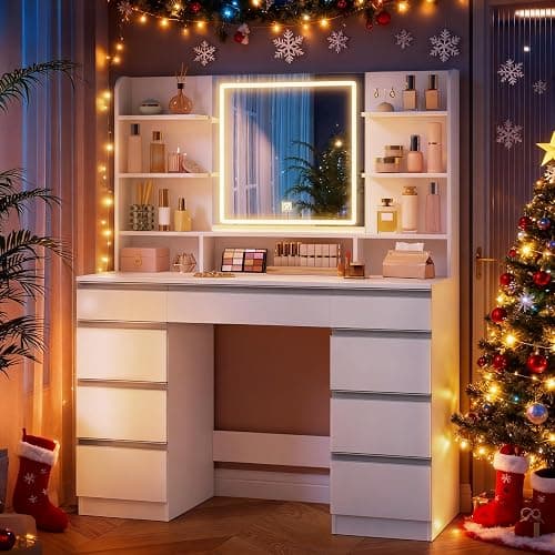 Hzuaneri Large Dressing Table with LED Lighting, 3 Colours, Brightness Control, Dressing Table with Mirror, 9 Drawers, 9 Open Shelves, Modern Style, White/Silver DT41903W thumbnail 5