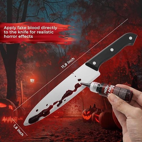 Festicy Realistic Fake Knife Set – Includes 2 Knives & 0.85 oz Fake Blood – Ideal for Halloween, Ghost Face & Chucky Costumes, Pranks & Party Decor thumbnail 3