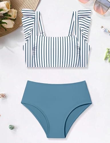 ZAANTI Girls 2 Piece Swimsuit Square Neck Ruched Ruffle Trim Bikini Sets Adjustable Straps Bathing Suit for Teen Girls 9-16Y thumbnail 5