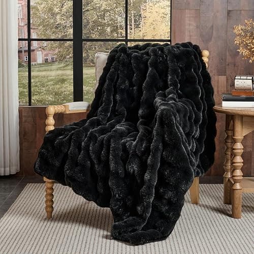 Lotus Karen Faux Fur Throw Blanket Black - Big Bubble Rabbit Fluff Blanket for Couch, Small Fluffy Fuzzy Cozy Blanket, Thick Furry Plush Shaggy Blankets, 50x60 Inches - Image 1